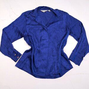 Sunny Leigh Top 100% Silk Sz 8 Petite Paisley Blouse Women Button Up Blue Office